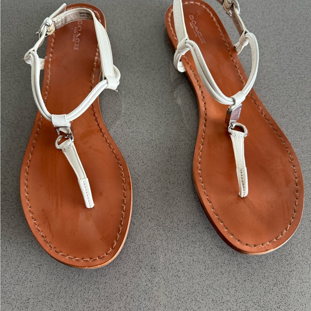 Coach White and Brown T-Strap Sandals